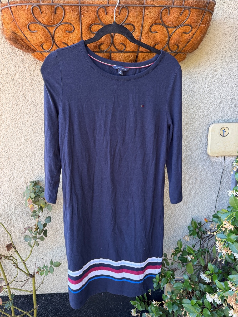 Tommy Hilfiger Navy Long Sleeve Knit Dress with Striped Hem